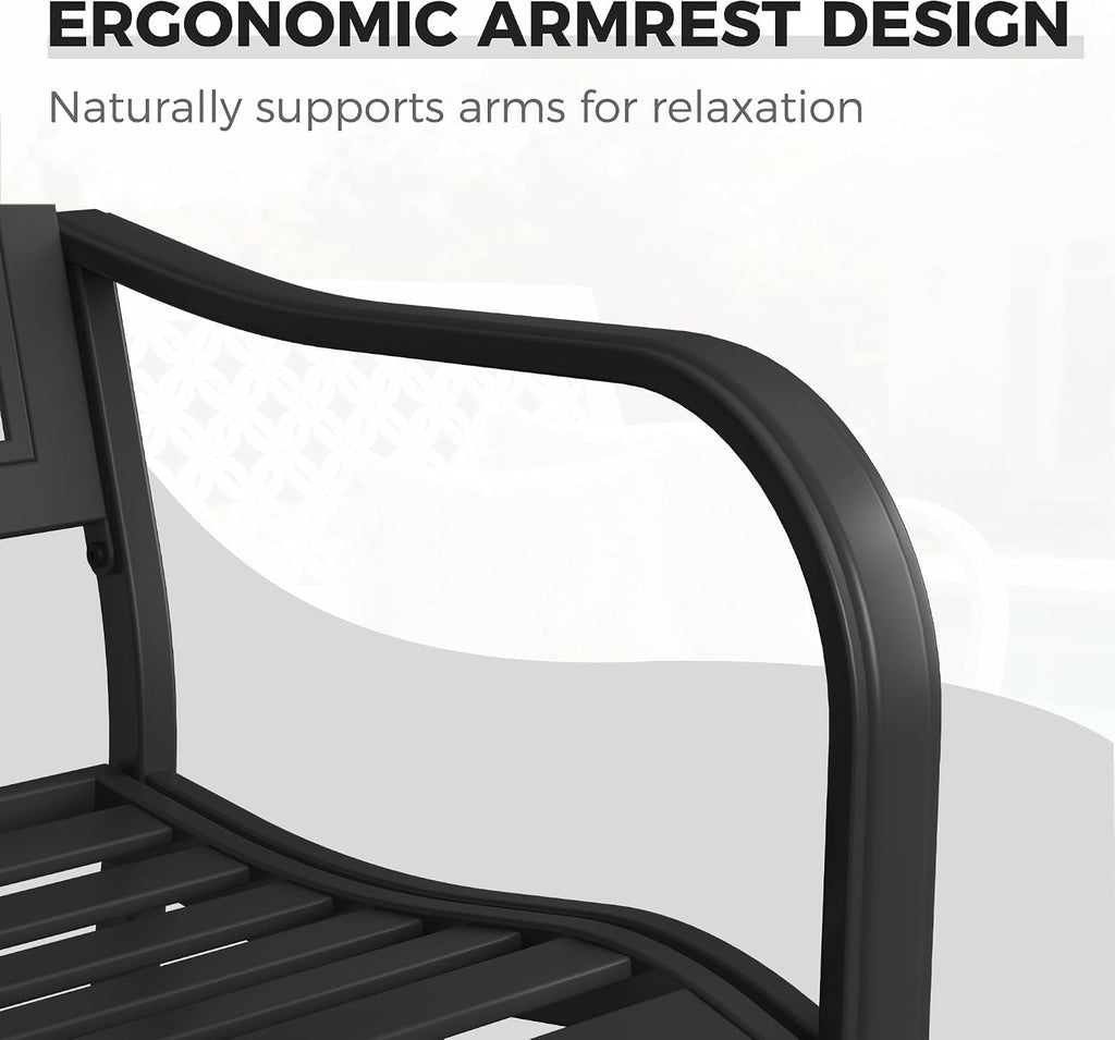 50" Outdoor Bench, Garden Bench with Armrests, Black | Anti-Rust Metal Powder Coated Frame, Patio Bench for Front