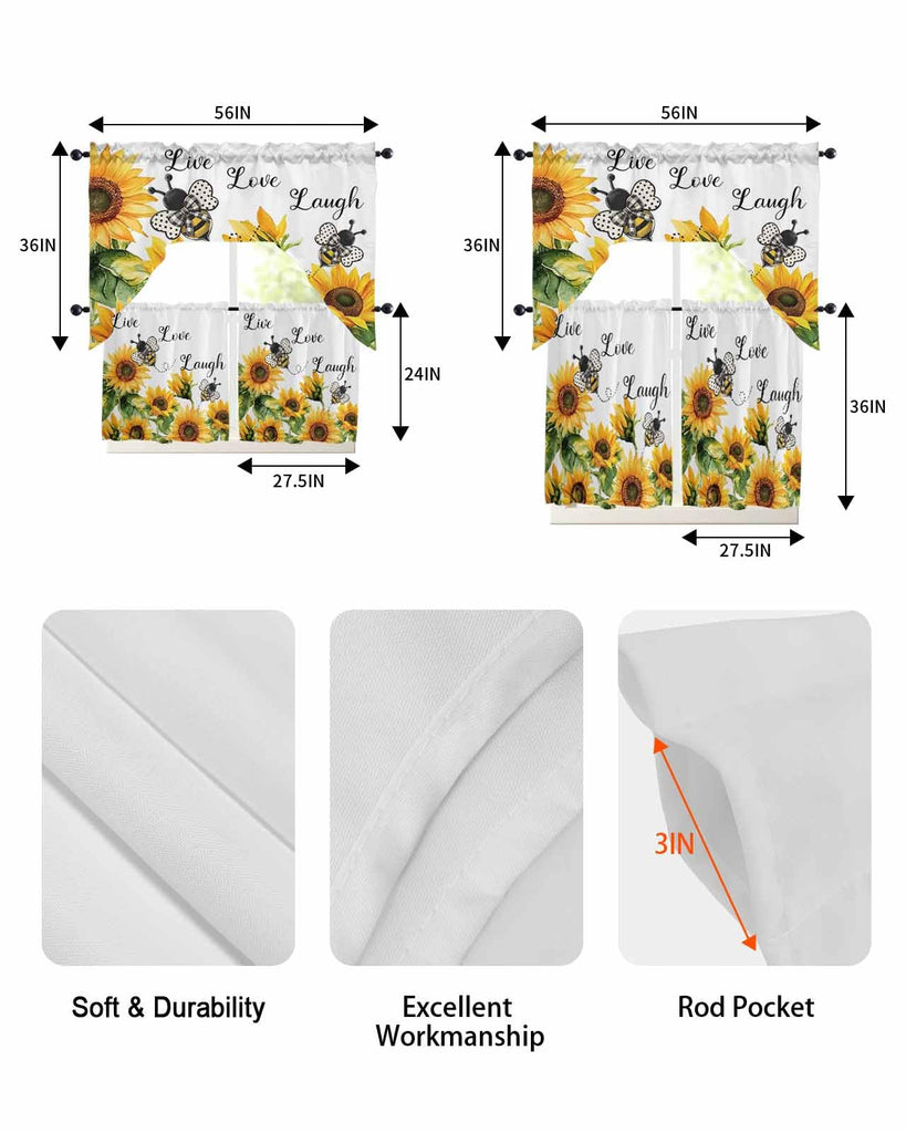 Sunflower Bee Swag Kitchen Curtains Valance and Tier Set 24 Inch Length, Vintage Yellow Floral Farmhouse Watercolor