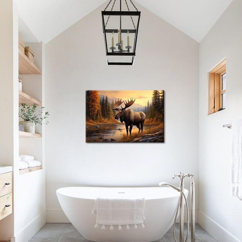 Nature Moose Wall Art Landscape Moose in the River Wall Decor Print Painting Wilderness Animal Retro Poster Home