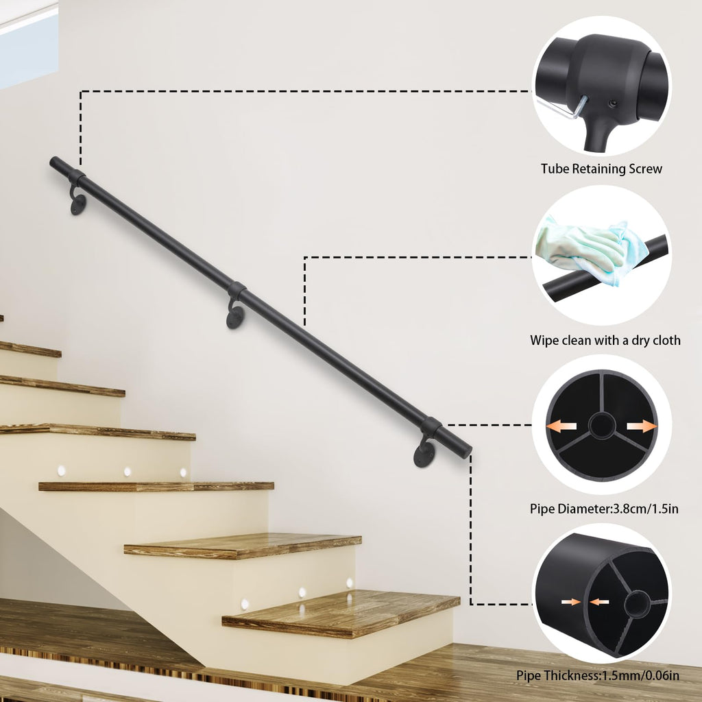 Stair Railing Indoor Metal Hand Rails for Indoor Stairs 1.5" Pipe Stair Aluminum Wall Mounted Indoor/Outdoor Handrail