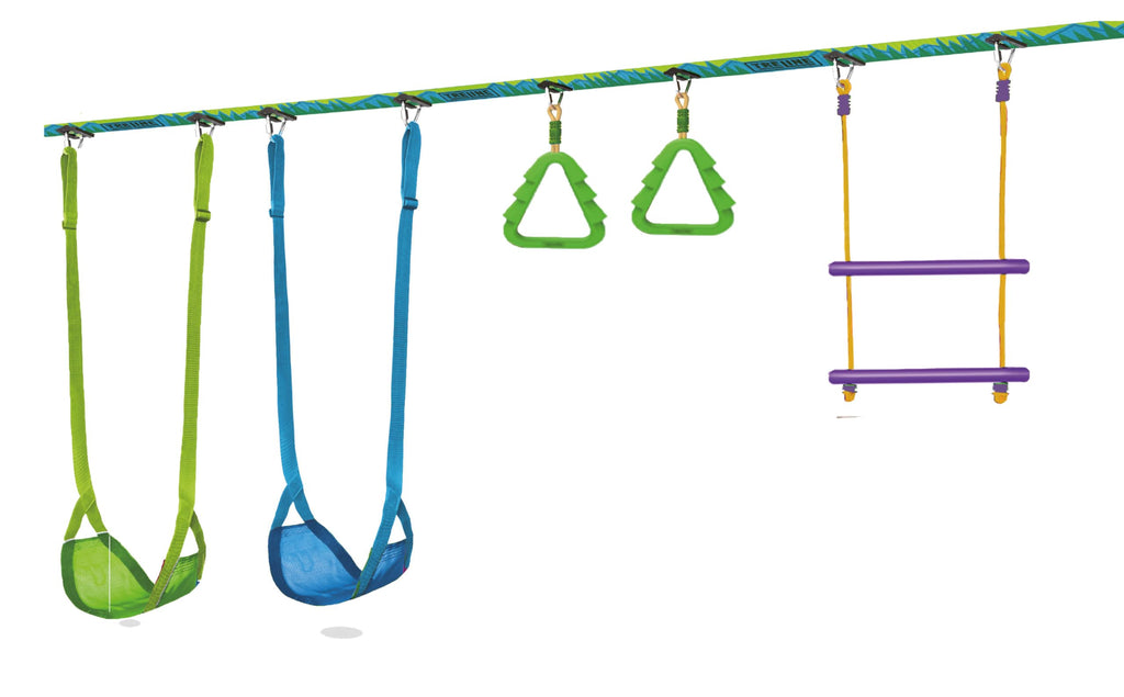 Swingset Gymnastics Kit 36 ft - Slackline Swing Set for Backyard, Monkey Bars & Gymnastics Line - 2 Swings, Double