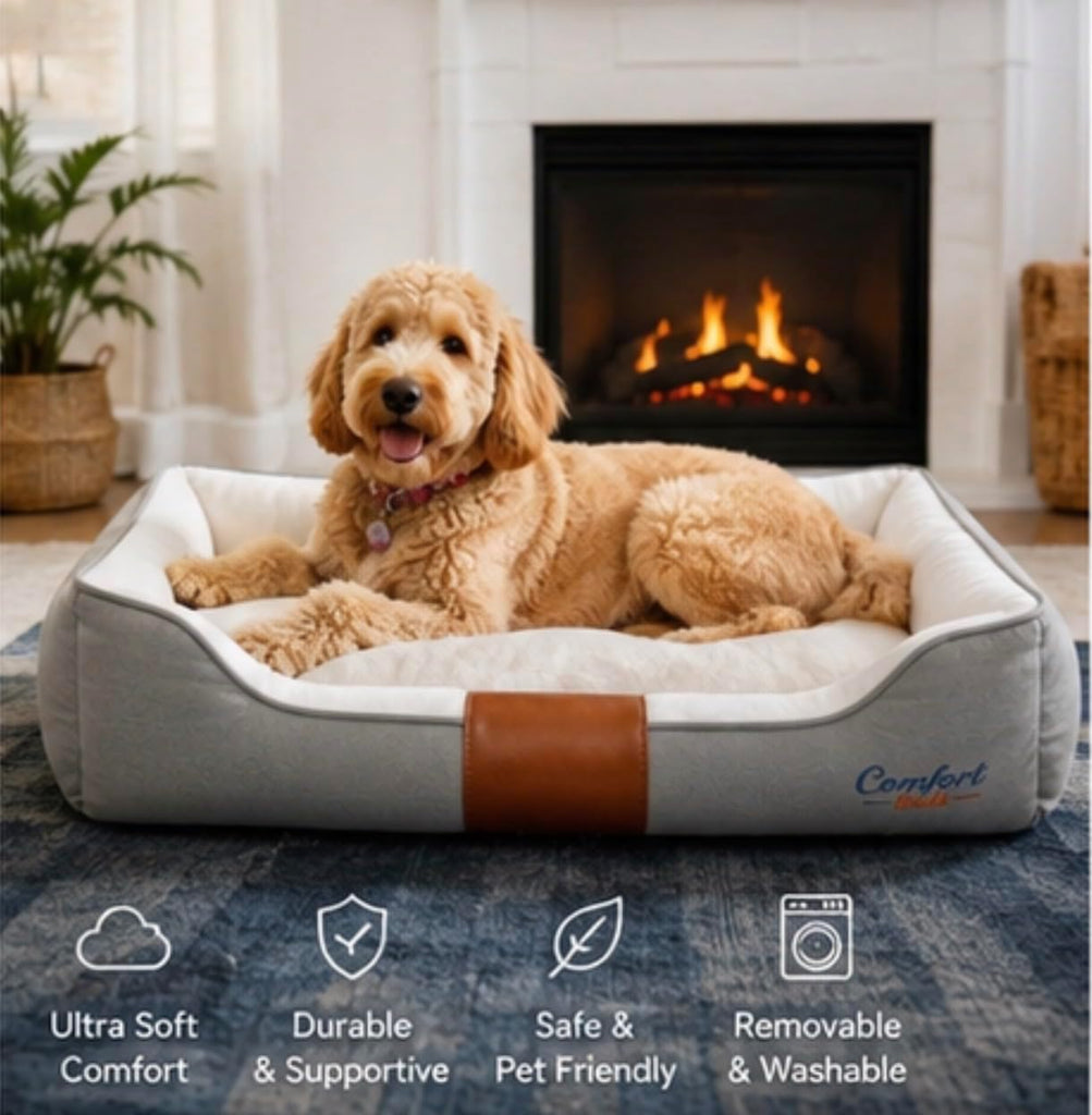 Luxury Orthopedic Dog Bed, x-Large, Canvas Exterior with Leather Accent, Plush Interior, Machine Washable, Waterproof