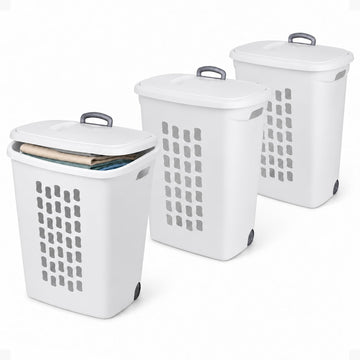 Ultra Wheeled Hamper, Laundry Basket w/ Flip-Top Lid, 3-Pack, White