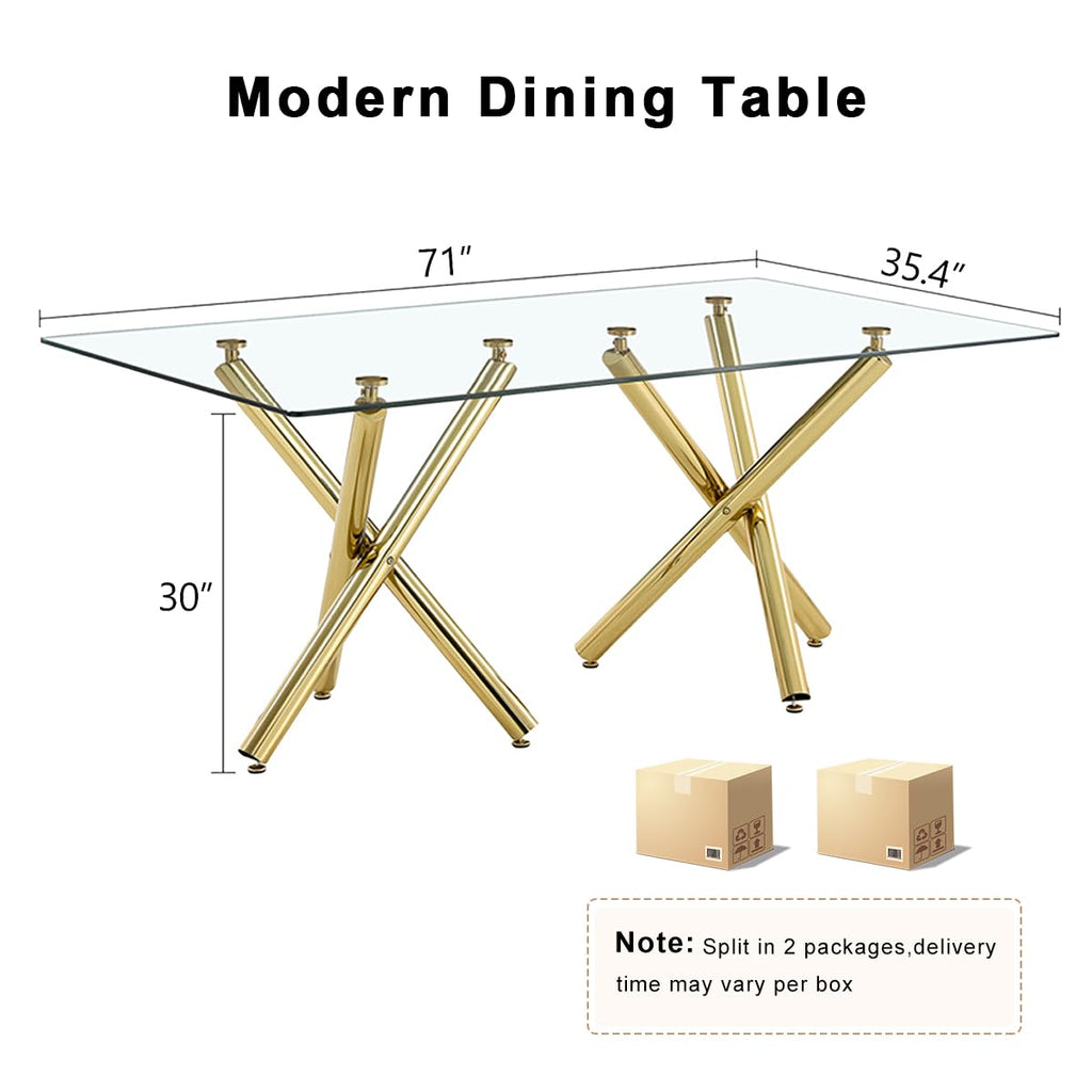 71" Glass Dining Table for 6, Gold Dining Table with Glass Top