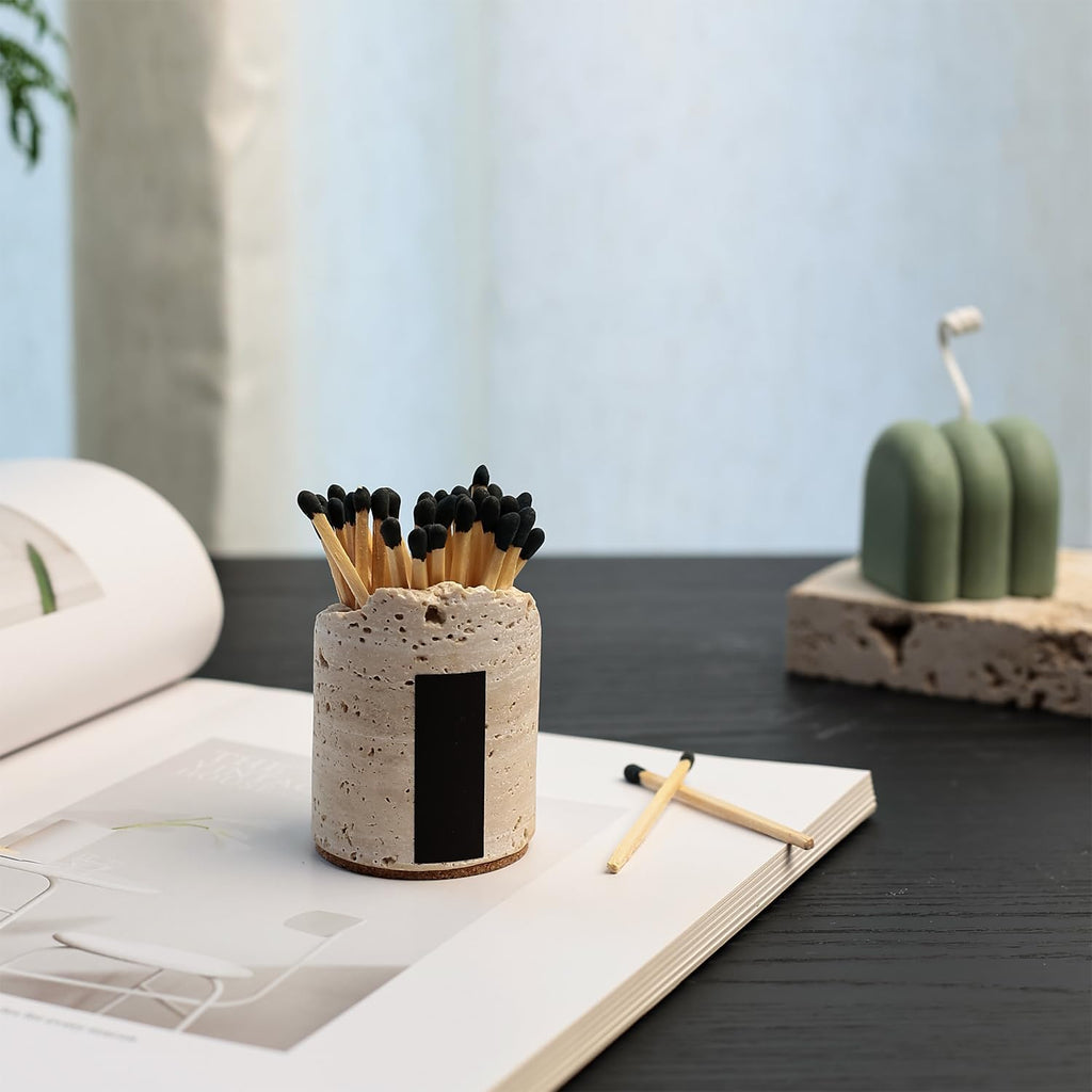 Match Holder with Striker Handmade Travertine Box Matches in a jar - Set of 2