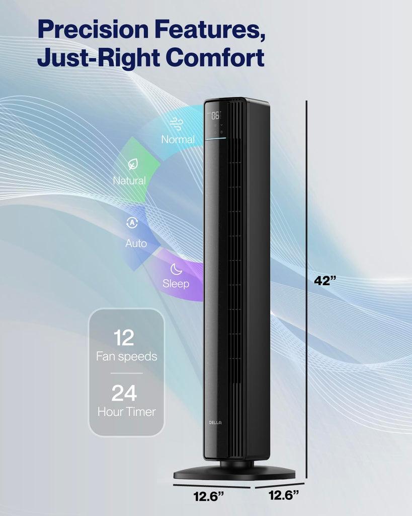 42" Smart Tower Fan, Ultra Quiet 23dB Cooling Fan with 12 Speeds, 90° Oscillating, 28ft/s Airflow, DC Motor, 24H