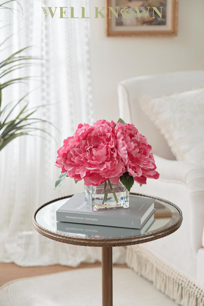 Artificial Peonies Flowers Arrangements in Cube Glass Vase, Silk Flower Centerpieces Table, Coffee Table Decor, Faux