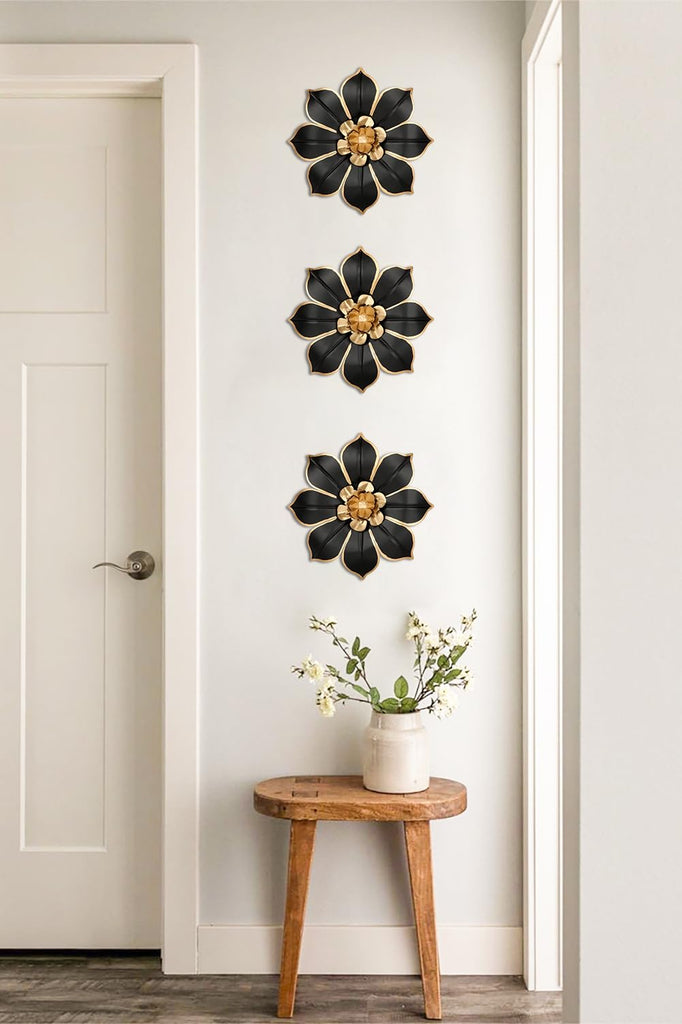 Set of 3 Black and Gold Metal Flowers Wall Art Decor 10"