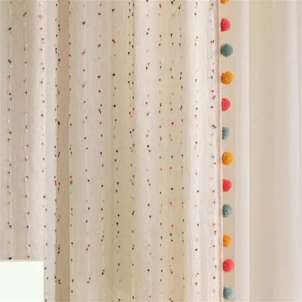 Boho Rainbow Sheer Curtain with Colorful Pom Pom Voile Drapes Faux Linen