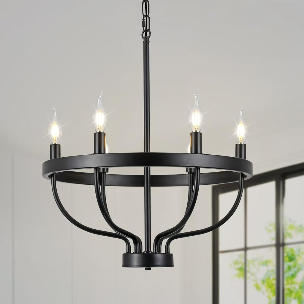 Black Dining Room Light Fixture, 6-Light Black Chandeliers for Dining Room Farmhouse Wagon Wheel Chandeliers, Adjustable Height Round Chandelier for Bedroom Kitchen Living Room Entryway Foyer 19.6in A109-B0DSTTXTF1
