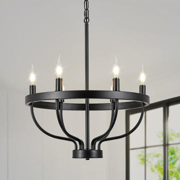 Black Dining Room Light Fixture, 6-Light Black Chandeliers for Dining Room Farmhouse Wagon Wheel Chandeliers, Adjustable Height Round Chandelier for Bedroom Kitchen Living Room Entryway Foyer 19.6in A109-B0DSTTXTF1