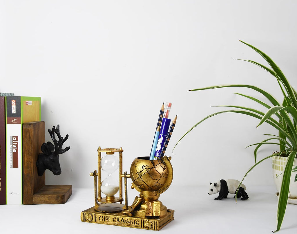 Globe-Themed Pencil Holder with Hourglass, Resin Desktop Organizer & Study, Pen Holder with Sand Timer, Classic Globe