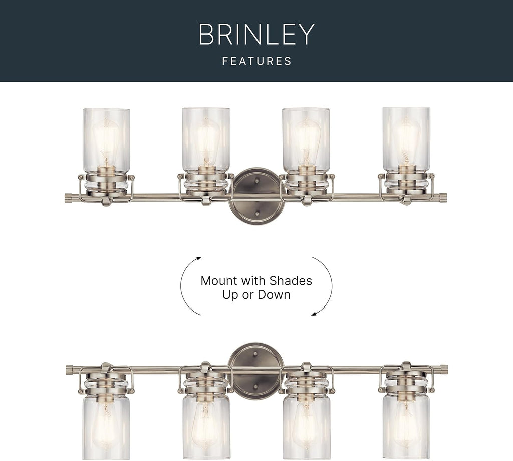 Brinley 32.25" Vanity Light in Brushed Nickel, 4-Light Farmhouse Bathroom Vanity Light with Clear Glass, (32.25" W x