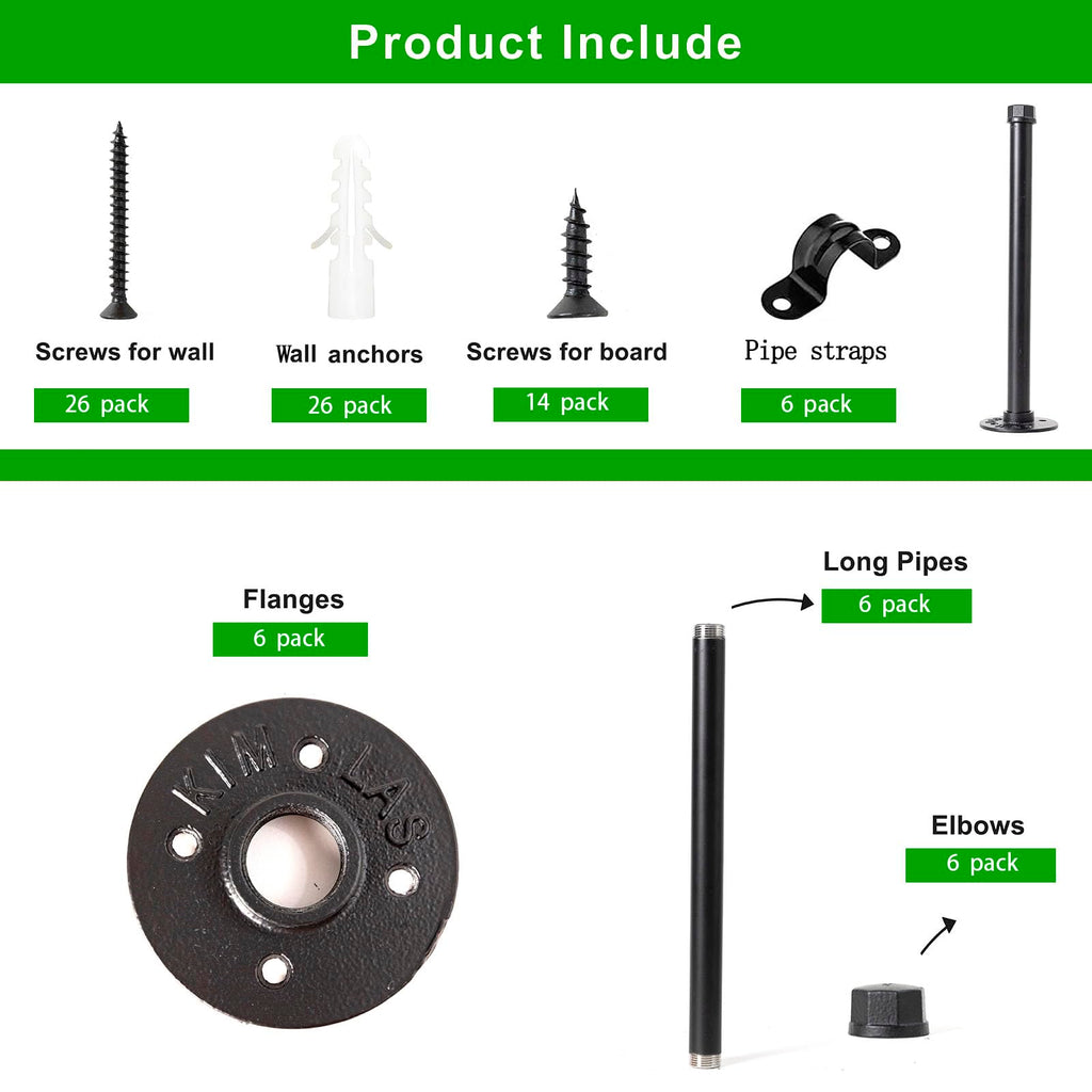 3/4" Industrial Pipe Shelf Brackets (6 Pack, 12") Black Iron Shelf Bracket Rustic Wall Mounted Shelving Brackets for