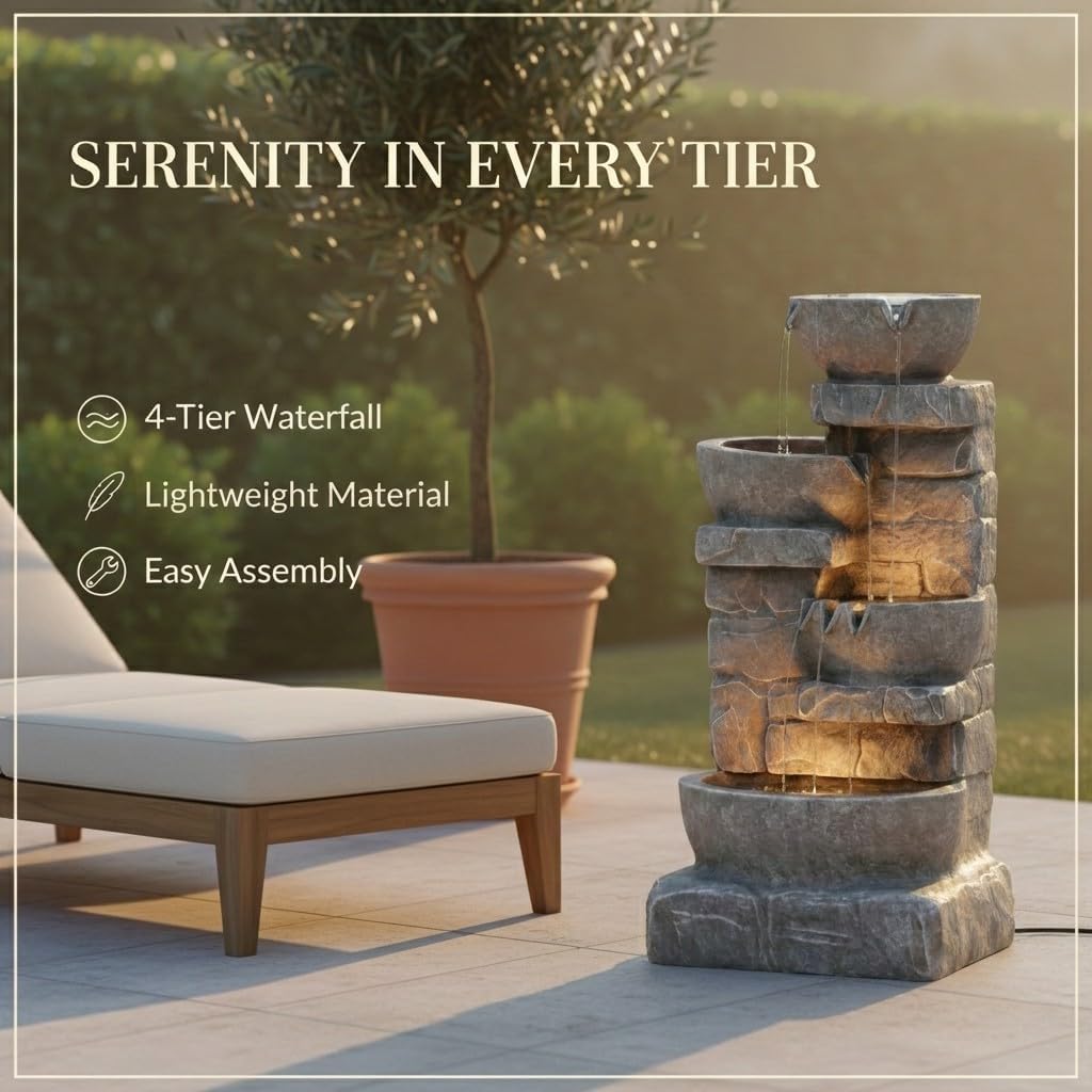 33.25 in. Cascading Bowls and Stacked Stones LED Outdoor Water Fountain for Gardens, Landscaping, Patios, Balconies