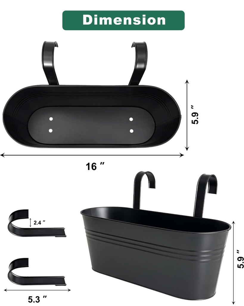 16 Inch Railing Planter Box, 5 Pack Large Metal Hanging Planters with Hooks