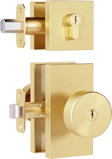Brushed Gold Brass Exterior Door Knob with Deadbolt and Key