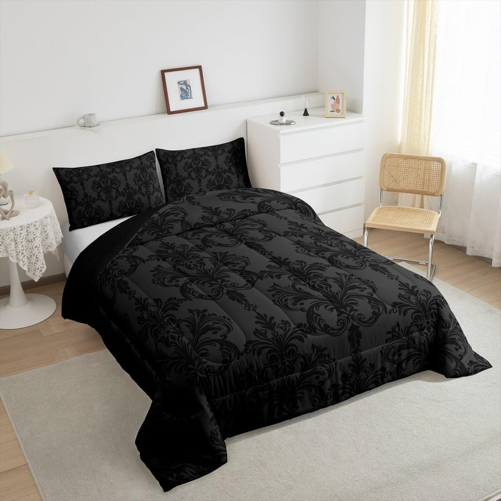 Black Damask Comforter Set, Gothic Vintage Damask Floral Bedding Set 2pcs, Antique Victorian Baroque Down