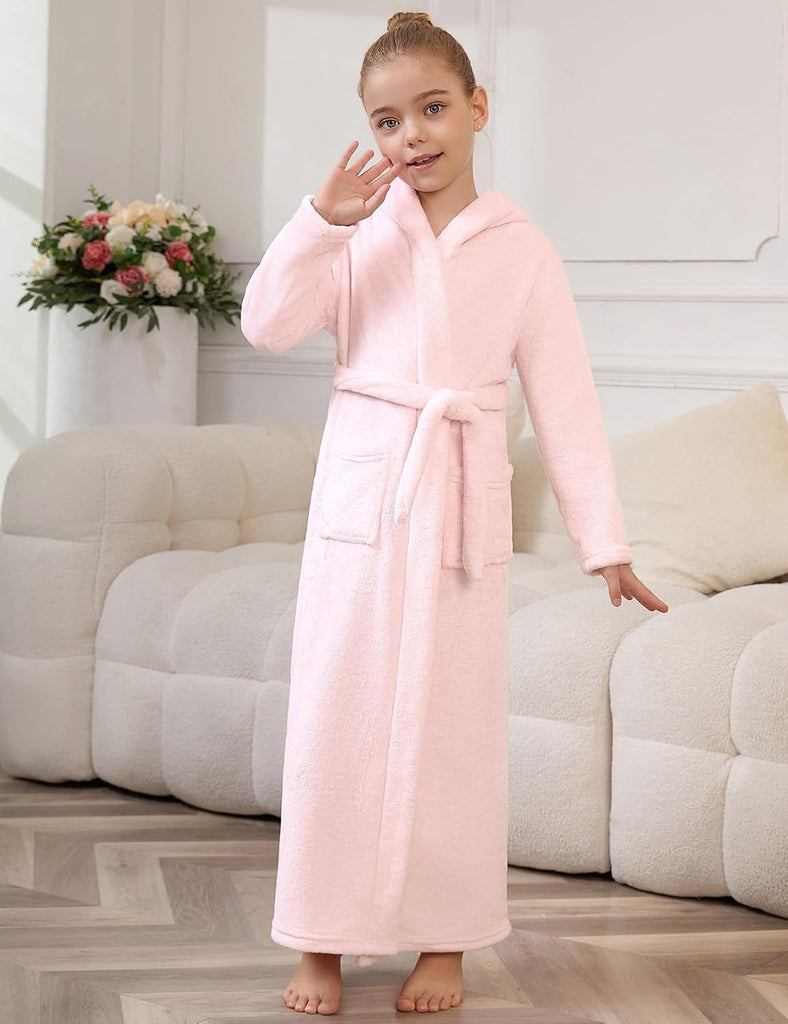 Girls Bathrobes Kids Long Hooded Robes Plush Full Length Coral Fleece Pajamas Sleepwear