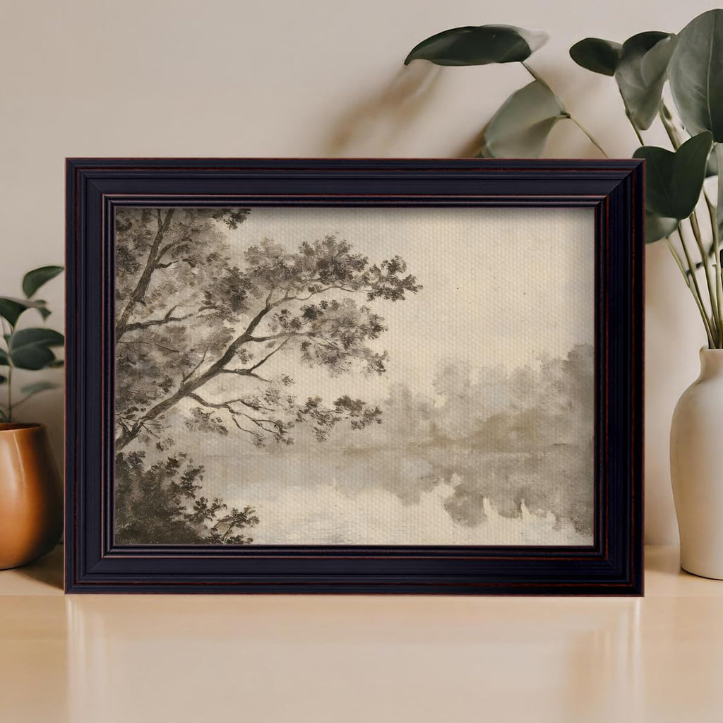 Antique Lake Landscape Framed Canvas Wall Art, Vintage Sepia Tree Forest and River Scene Poster, Rustic Nature