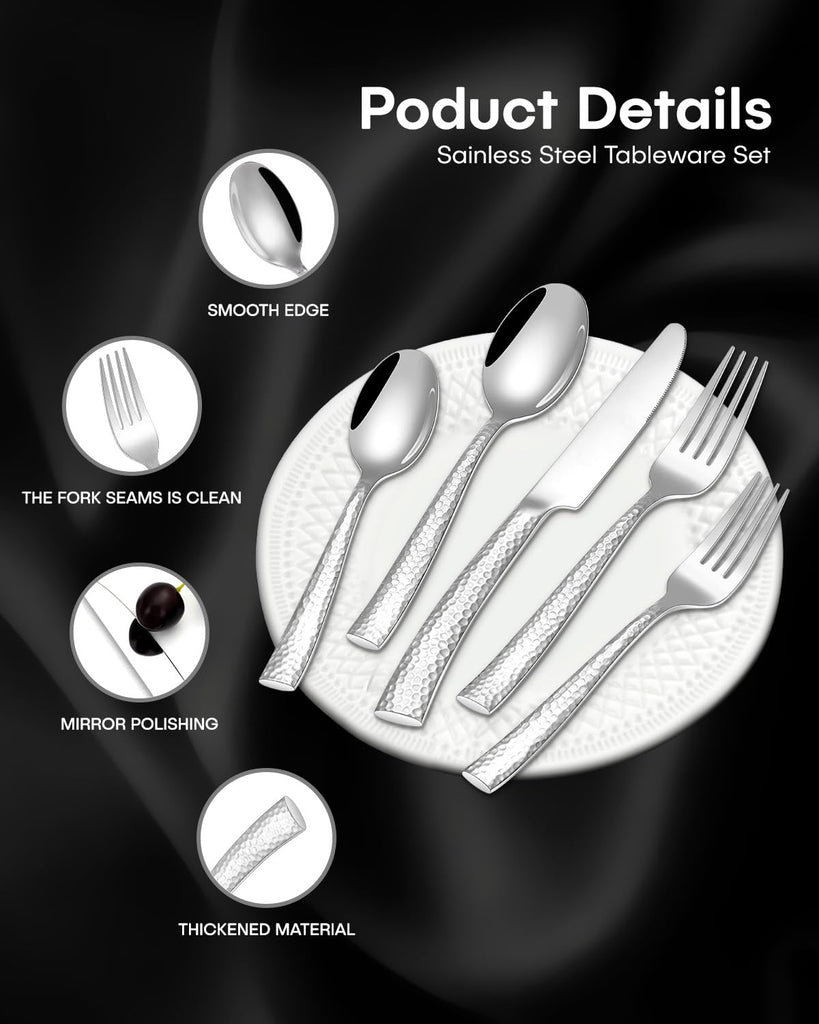 48-Piece Hammered Silverware Set with Steak Knives, Stainless Steel Flatware Set for 8, Mirror Finish Cutlery Set