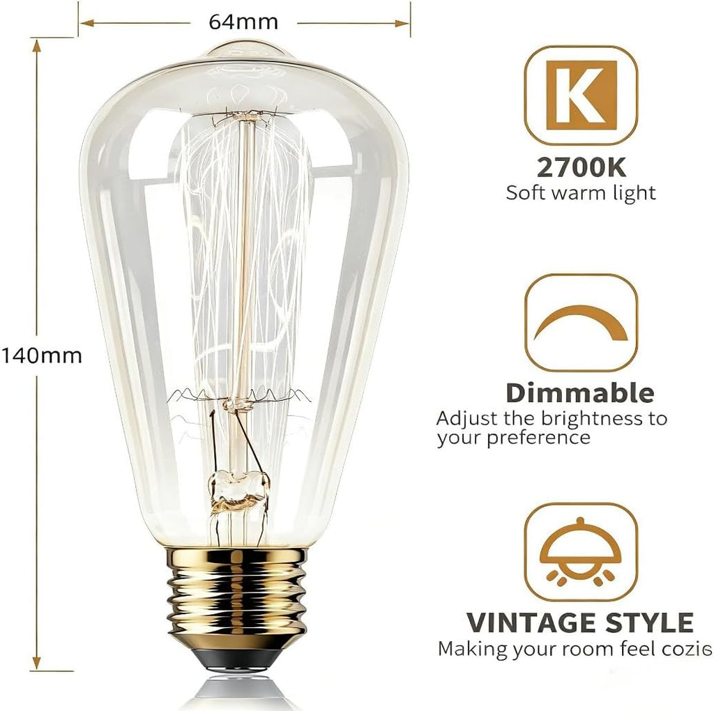 6 Pack 40W Edison Bulbs, ST64 Vintage Incandescent Light Bulbs(Dimmable)