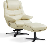 Modern Reclining Swivel Lounge Chair and Ottoman — White Genuine Leather