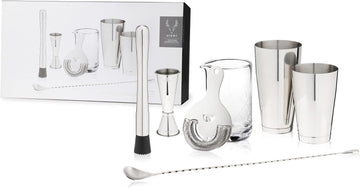 Bartender Kit for Mixed Drinks and Cold Brew Cocktails, Includes Boston Cocktail Shakers, Mixing Glass, Jigger - Set of 7