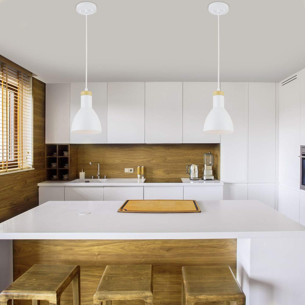 1-Light Pendant Light, Matte White, Wood Grain Accent