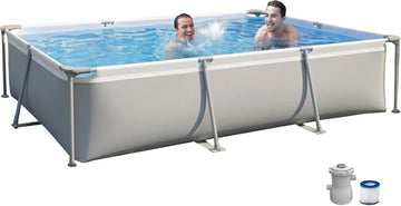 Above Ground Swimming Pool with Filter Pump, Outdoor Rectangular Steel Frame Swimming Pool for Kids Adults,10ft x