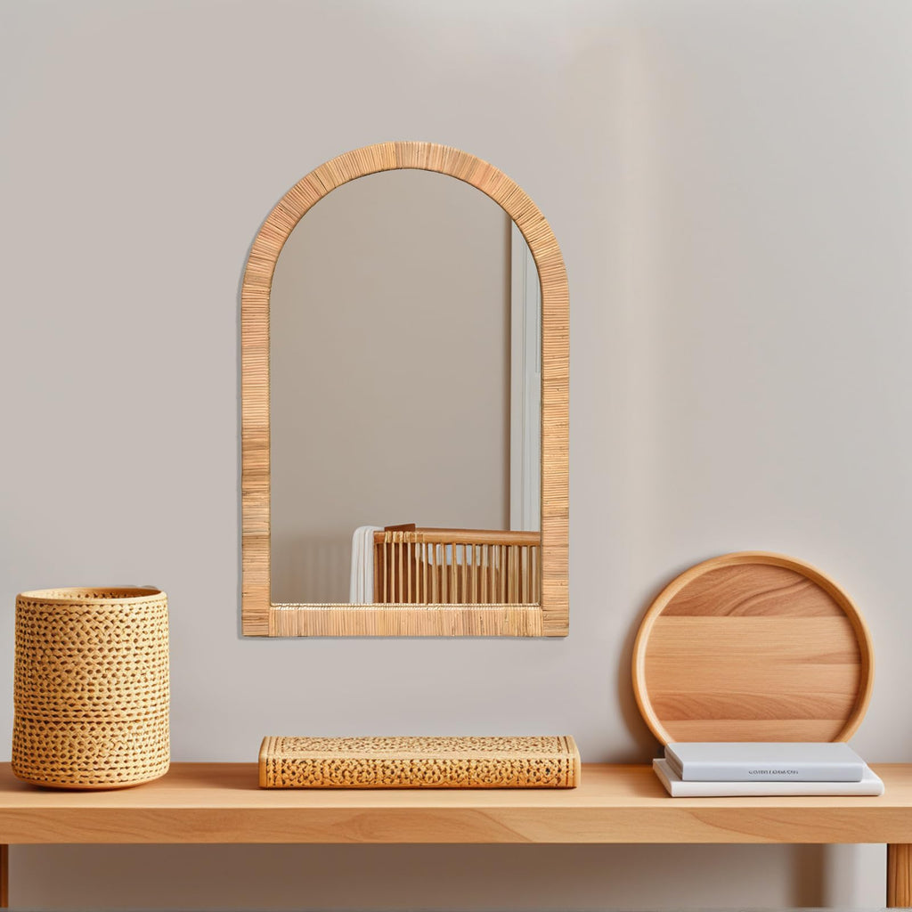 Boho Rattan Wall Mirror 20×30 Inch Arched Natural Rattan Frame - Farmhouse Bathroom Vanity Mirror - Wicker Decorative