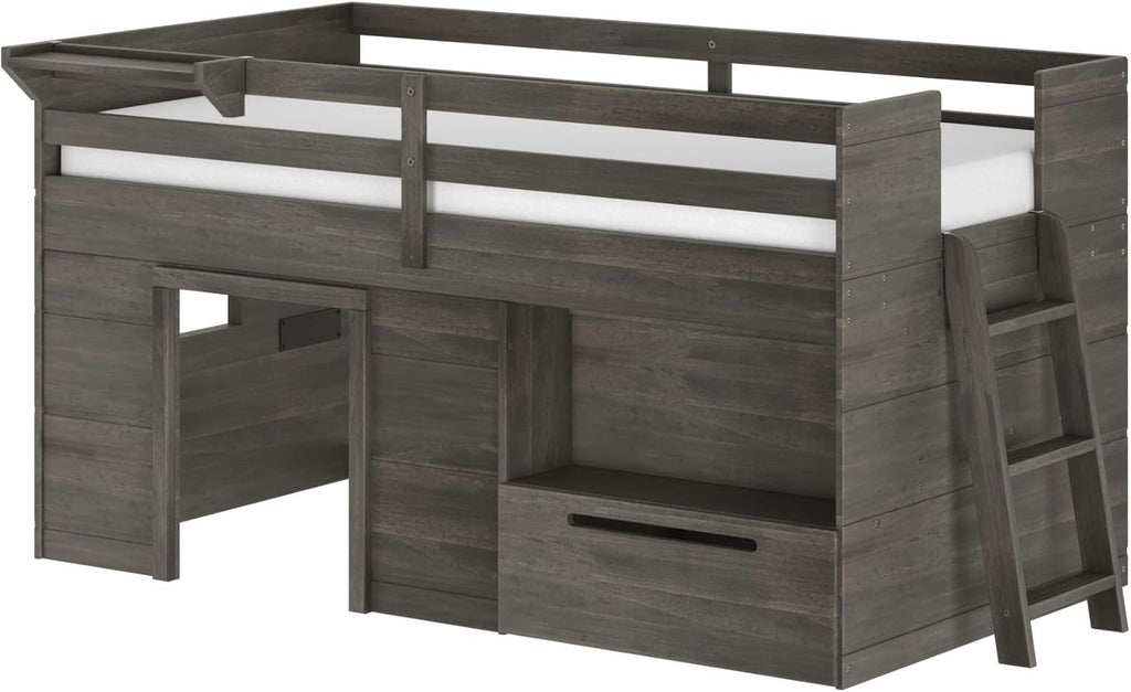 Loft Bed Twin, Solid Wood Low Loft Bed with Storage Drawer and Ladder, Modern Farmhouse Loft Bed for Kids, Driftwood