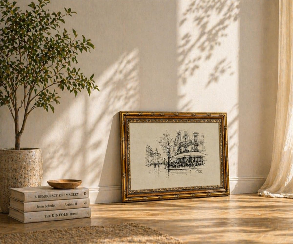 Vintage Paris Cafe Wall Gold Frame, European Cityscape Sketch Print