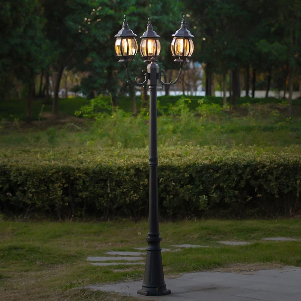 LED Outdoor Post Light with Triple-Head, Hardwired Vintage Street Lights for Lawn Patio Yard Pathway Garden Black
