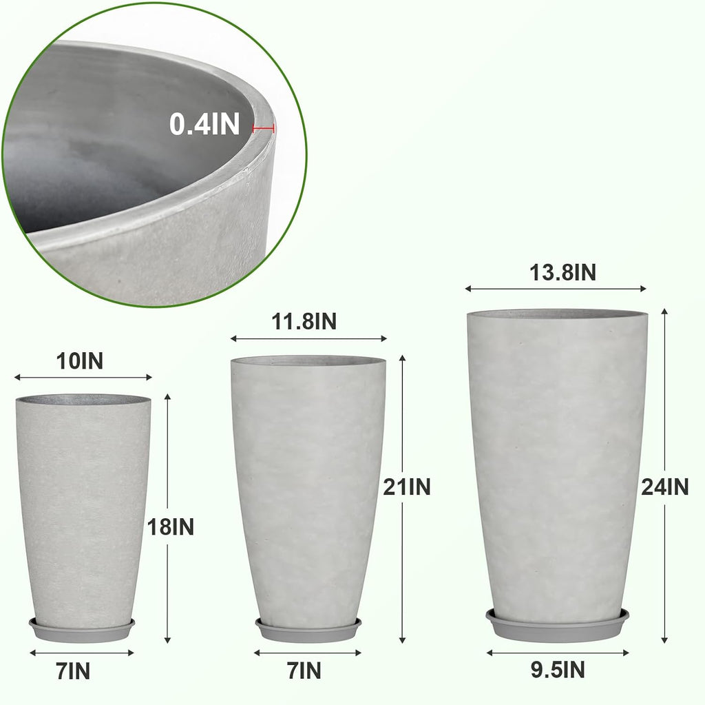 24, 21, 18 inch Tall Planters for Outdoor Plants, with Drainage Hole & Saucer, Set of 3 Tall Outdoor Planter for