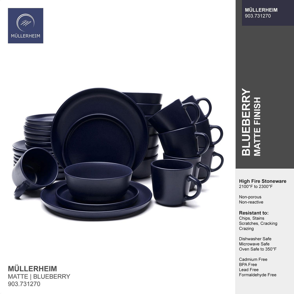 903 Minimalist Collection 32-Piece Contemporary Ceramic Stoneware Dinnerware Sets for 8, Blueberry Plates and Bowls