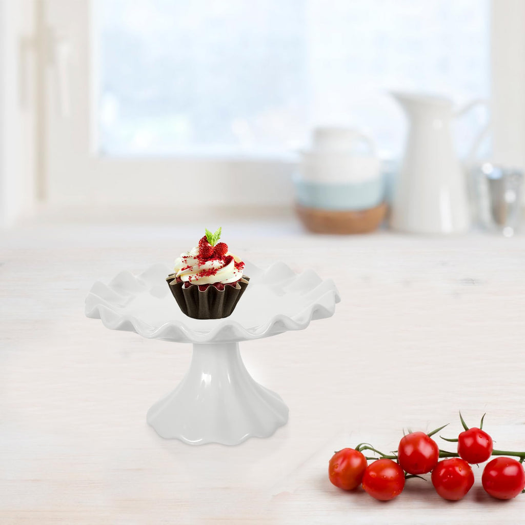 Ceramic Cake Stand Decorative Pedestal Dessert Display Plate with Scalloped Edge 5.70 X 5.70 X 3.54 in for Cupcakes