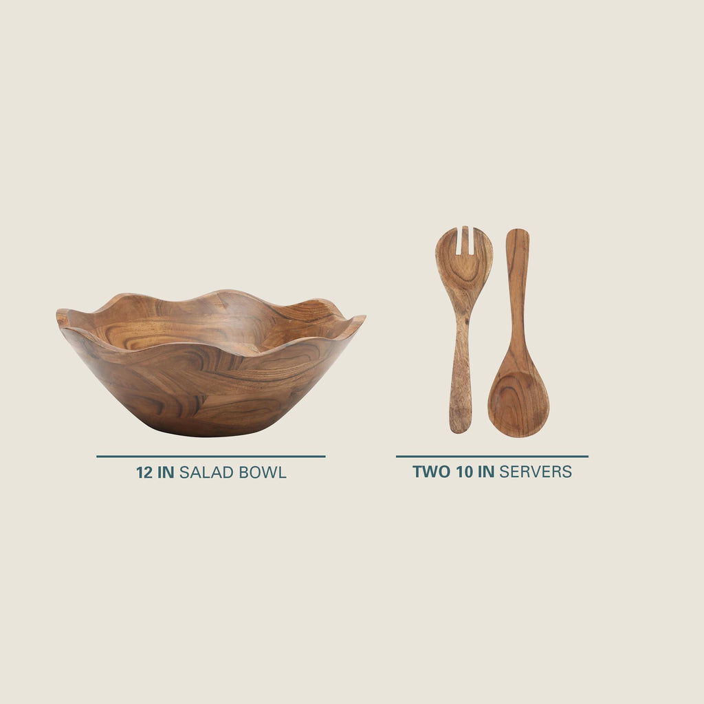 Sandhurst 3-Piece Acacia Wood Salad Bowl Set - 12-Inch Scalloped Serving Bowl with Wooden Salad Servers