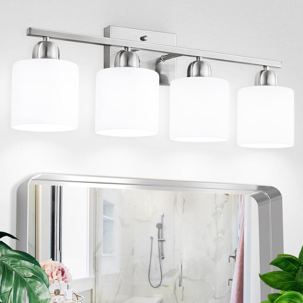 4 Light Bathroom Light Fixtures, Anti-Rust Finish Brushed Nickel Vanity Lights with Milky White Frosted Glass Shade