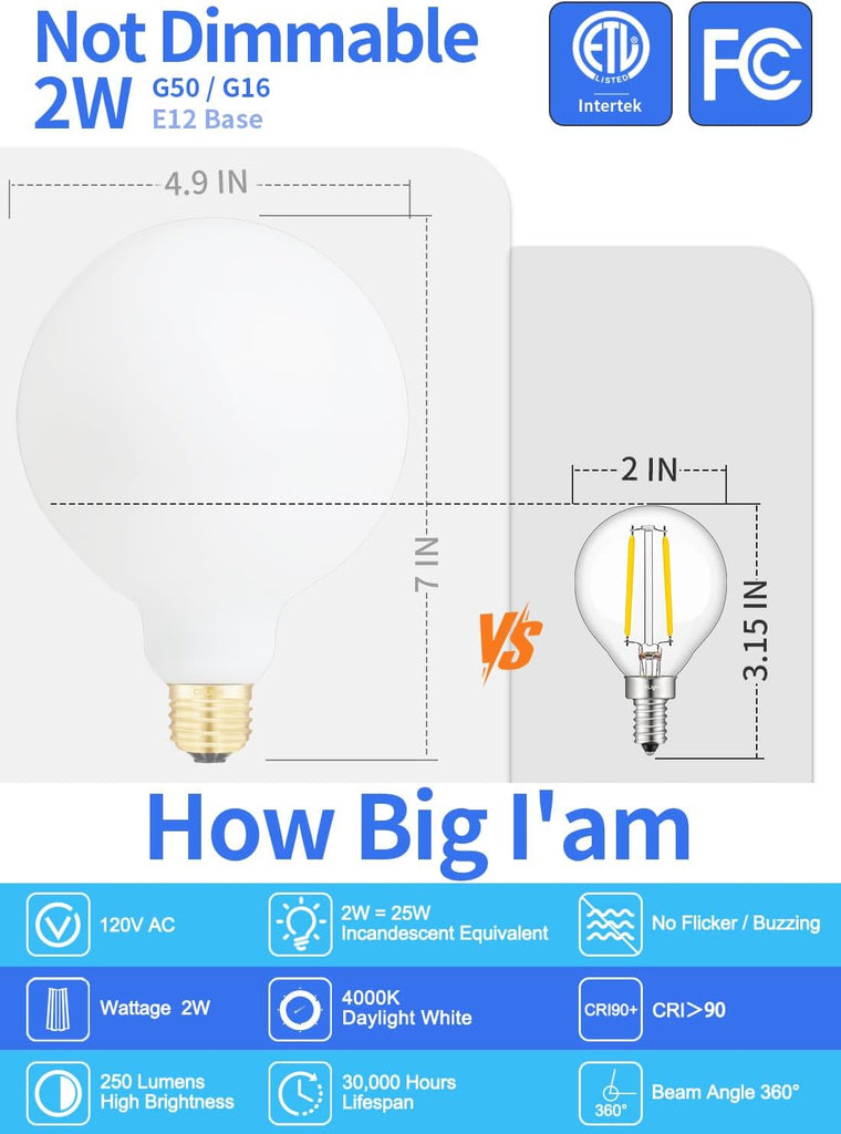 2W LED Globe Bulbs G16.5 Edison E12 4000K Neutral White, 12-Pack | 250LM 25W Equivalent, Clear Glass Vintage Edison