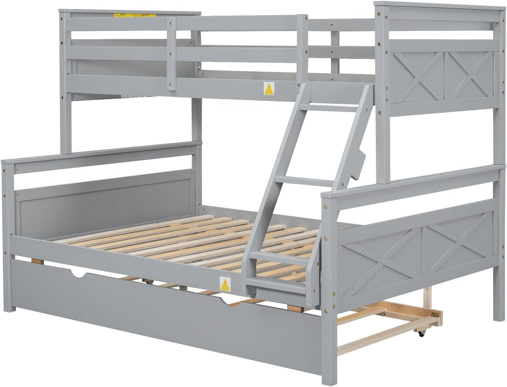 Trundle Bunk Bed, Twin Over Full Wood Bunk Bed with Twin Trundle, Solid Wood Bunk Bed Frame with Guardrail and Ladder