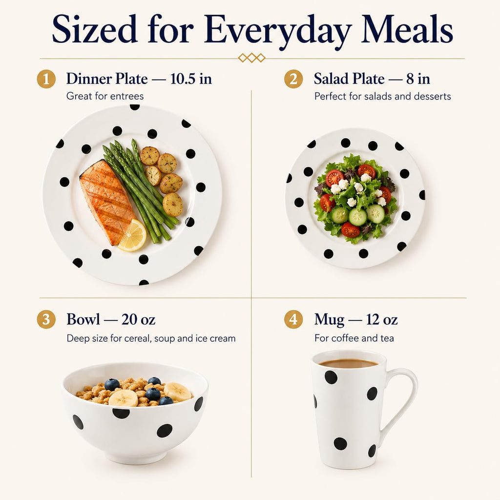 Black and White Polka Dot Dinnerware Set for 4, 16-Piece