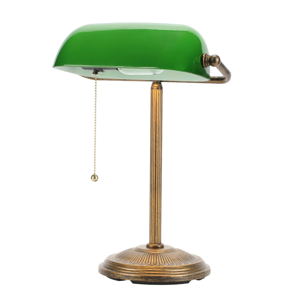 Bankers Desk Lamp, Green Glass Shade, Vintage Desk Lamp with Pull Chain Switch, Retro Table Lamps (Retro Gold+Green