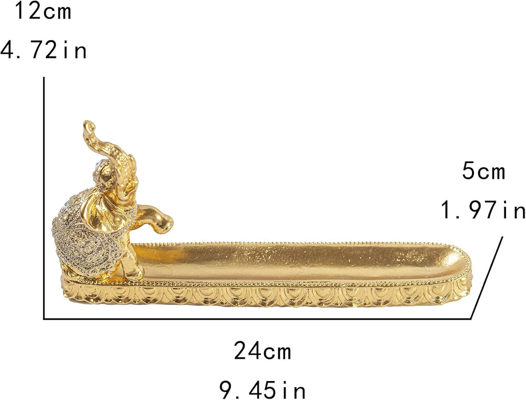 Gold Elephant Incense Holder, Resin Feng Shui Statue Ash Catcher Tray, 9.45In