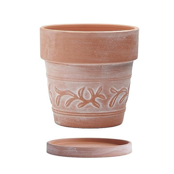 8" Embossed Whitewashed Terracotta Planter with Drainage Hole & Saucer, Rustic Style Unglazed Terracotta Pot for