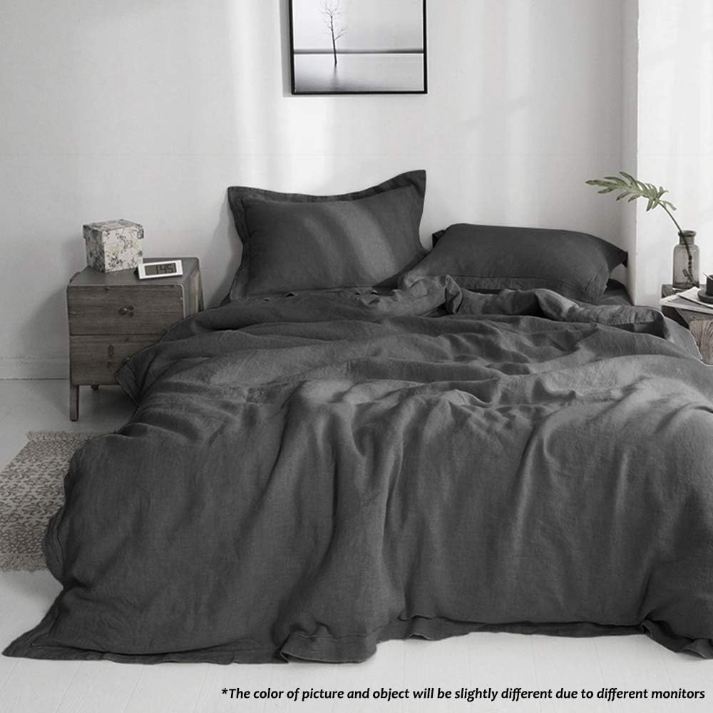100% French Flax Linen Duvet Cover Set with Embroidery Washed - 3 Pieces (1 Duvet Cover with 2 Pillow Shams) with - Set of 3