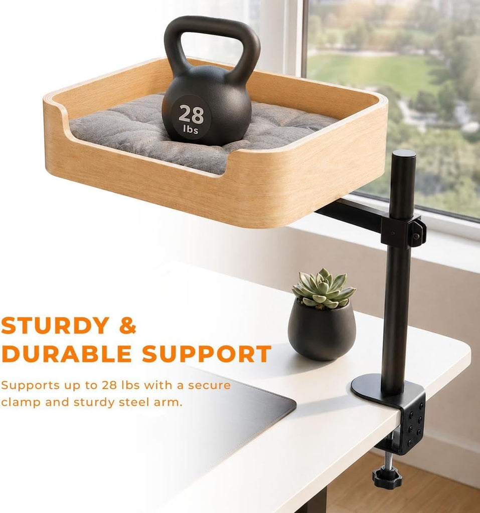 3-in-1 Cat Desk Bed, Cat Window Hammock & Elevated Floor Bed - Wooden Window Perch & Seat, American Oak Finish, 2