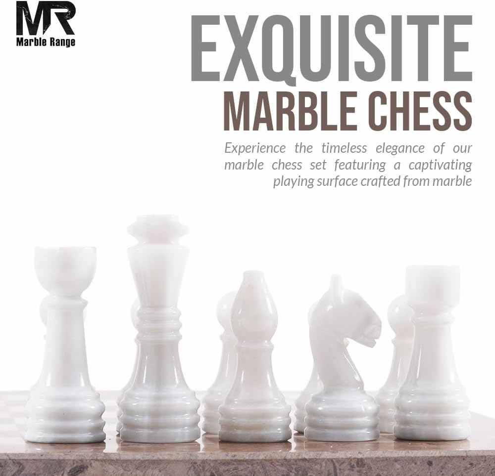 Marble Chess Set 15 Inch Oceanic and White Handmade Board Game with Storage Box, Classic Travel Chess Set for Adults