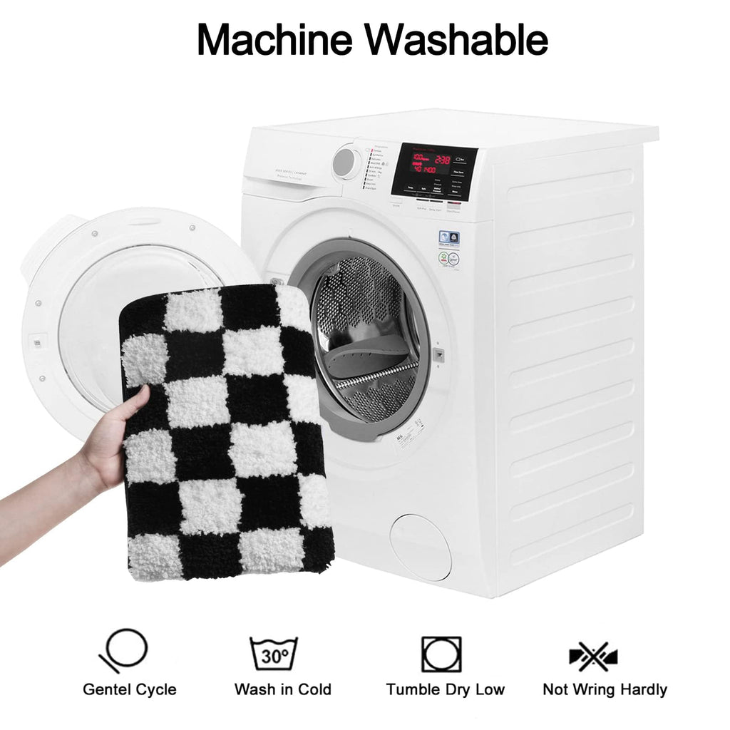 Bath Mats, Black and White Checkered Machine Washable Bathroom Rug Non Slip, 18x26 Water Absorbent Soft Microfiber