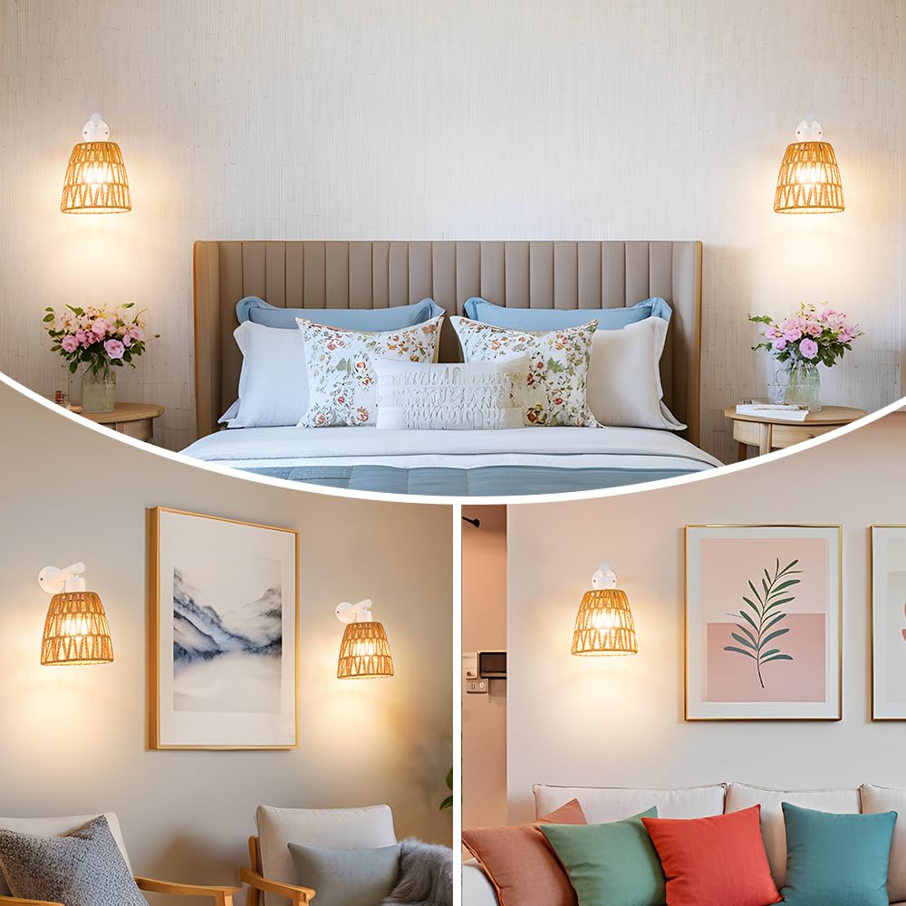 Battery Operated Wall Sconce Set of 2, Boho USB Rechargeable Wall lamp, White Farmhouse Rattan Sconce Lighting with